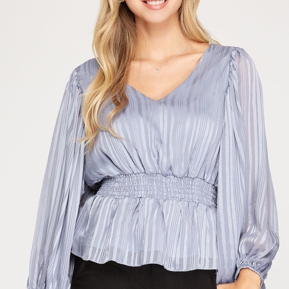 She + Sky Light Blue V-Neck Blouse - Picture 1 of 5